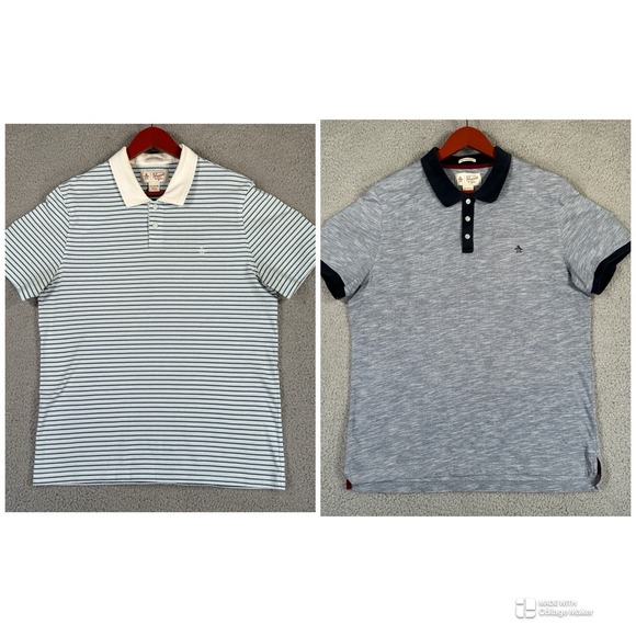 Original Penguin Polo Shirt XL‎ Lot Of 2 Mens Heritage Slim Striped Blue Preppy - Picture 1 of 15